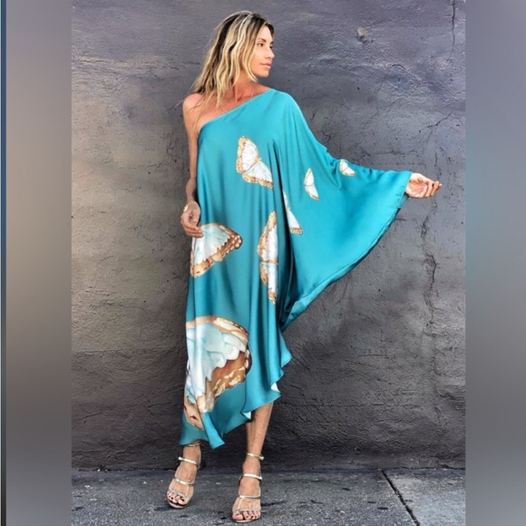 Lena Vie Boutique Dresses & Skirts - Butterfly Teal Silky Feel Satin Kaftan, Side Slit Kaftan Dress
